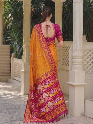 mustard & rani pink pochampally soft saree for women | festive wedding traditional wear 2