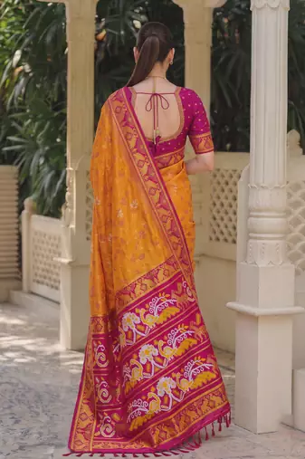 mustard & rani pink pochampally soft saree for women | festive wedding traditional wear