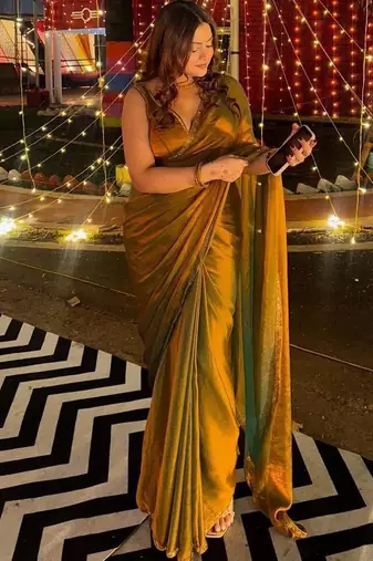 Olive embellished beads and stones tissue saree