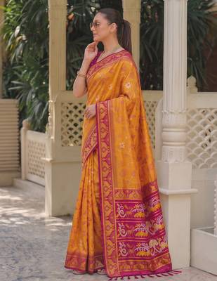 mustard & rani pink pochampally soft saree for women | festive wedding traditional wear 3