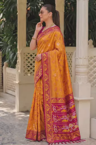 mustard & rani pink pochampally soft saree for women | festive wedding traditional wear