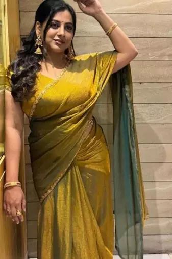 Olive embellished beads and stones tissue saree