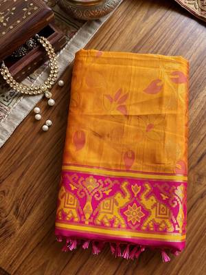 mustard & rani pink pochampally soft saree for women | festive wedding traditional wear 4