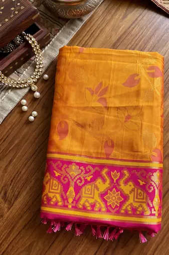mustard & rani pink pochampally soft saree for women | festive wedding traditional wear