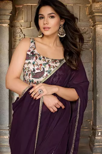 Purple mirror work embellished saree