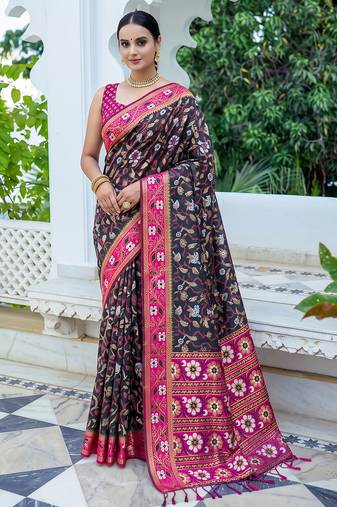 black & rani pink pochampally soft saree for women | festive wedding traditional wear