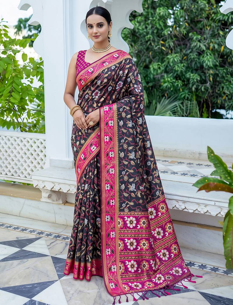 black & rani pink pochampally soft saree for women | festive wedding traditional wear