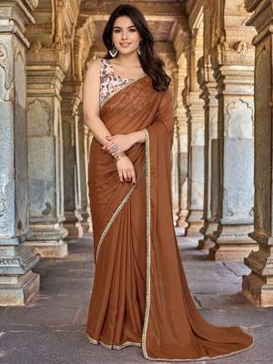 Brown saree with embellished mirror work border & unstitched blouse 1