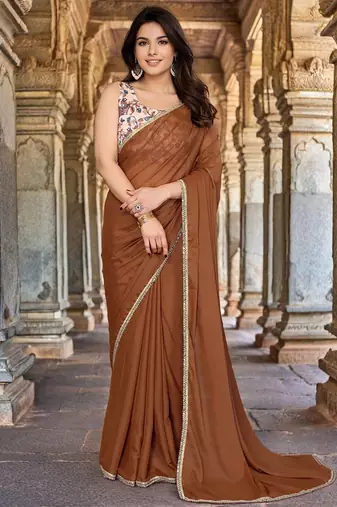 Brown saree with embellished mirror work border & unstitched blouse