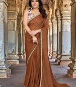 Brown saree with embellished mirror work border & unstitched blouse