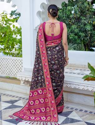 black & rani pink pochampally soft saree for women | festive wedding traditional wear 2