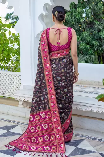 black & rani pink pochampally soft saree for women | festive wedding traditional wear