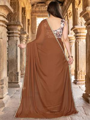 Brown saree with embellished mirror work border & unstitched blouse 2
