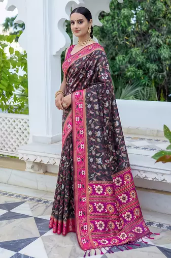 black & rani pink pochampally soft saree for women | festive wedding traditional wear