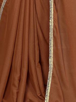 Brown saree with embellished mirror work border & unstitched blouse 5