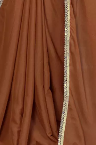 Brown saree with embellished mirror work border & unstitched blouse