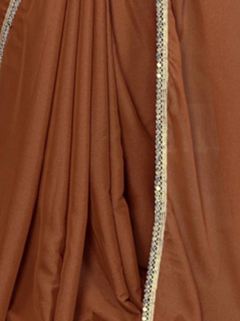Brown saree with embellished mirror work border & unstitched blouse