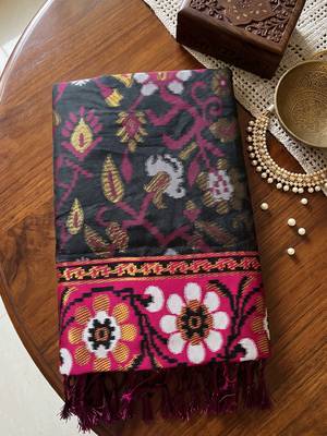 black & rani pink pochampally soft saree for women | festive wedding traditional wear 4