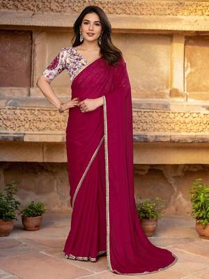 Pink womens pink poly georgette embellished saree with unstitched blouse 1