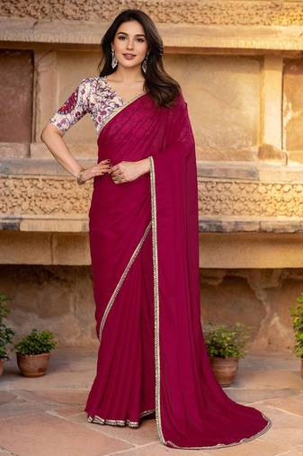 Pink womens pink poly georgette embellished saree with unstitched blouse