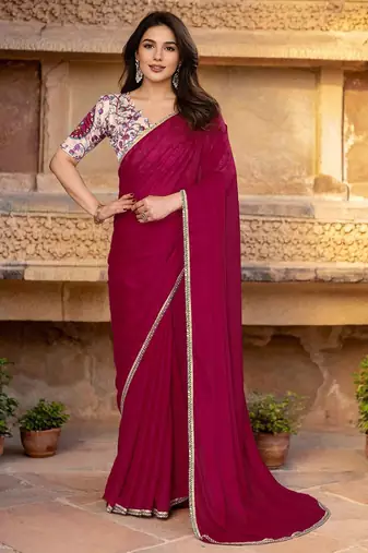 Pink womens pink poly georgette embellished saree with unstitched blouse