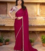Pink womens pink poly georgette embellished saree with unstitched blouse