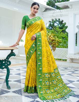 yellow & green pochampally soft saree for women | festive haldi party traditional wear 1