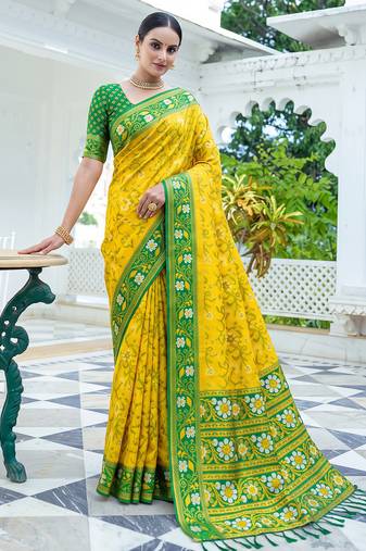 yellow & green pochampally soft saree for women | festive haldi party traditional wear