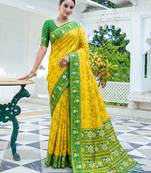 yellow & green pochampally soft saree for women | festive haldi party traditional wear