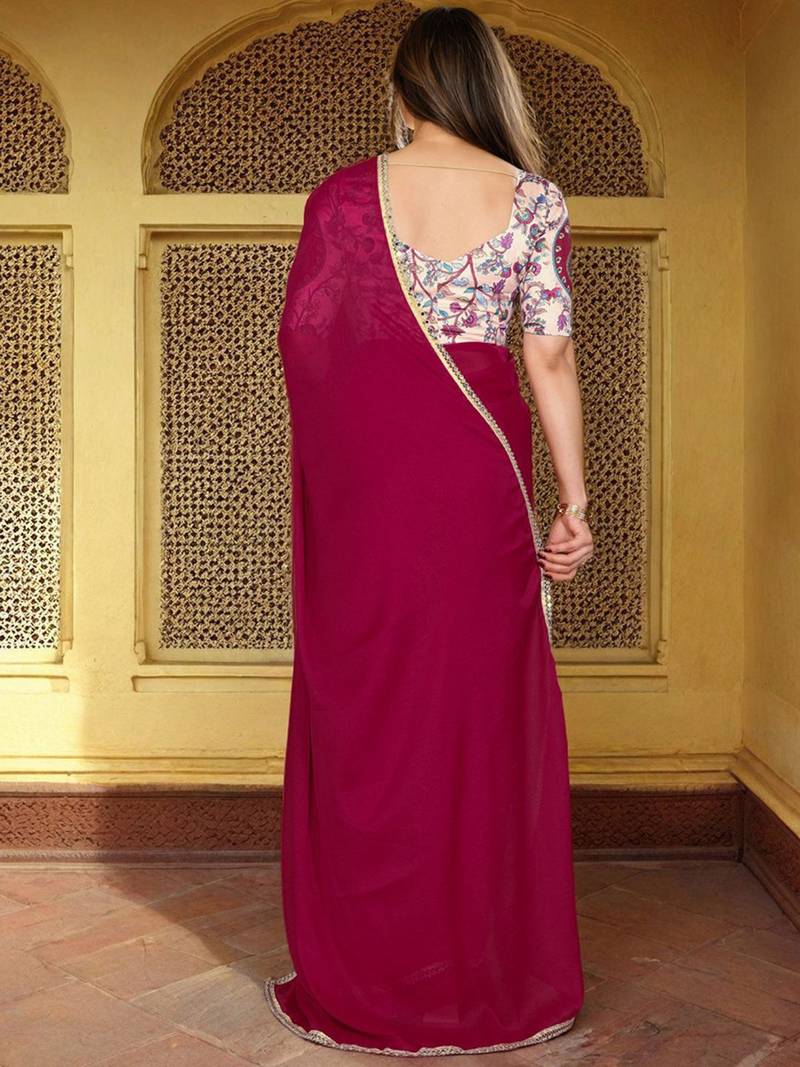 Pink womens pink poly georgette embellished saree with unstitched blouse