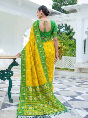 yellow & green pochampally soft saree for women | festive haldi party traditional wear 2