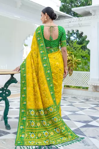 yellow & green pochampally soft saree for women | festive haldi party traditional wear
