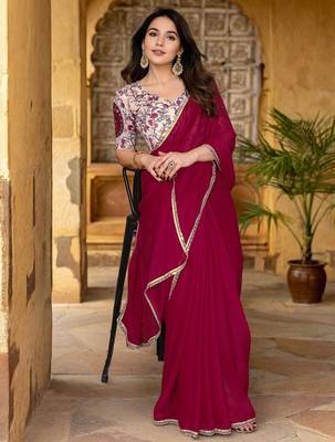 Pink womens pink poly georgette embellished saree with unstitched blouse 3