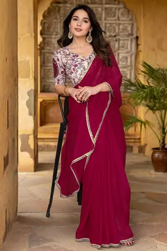 Pink womens pink poly georgette embellished saree with unstitched blouse