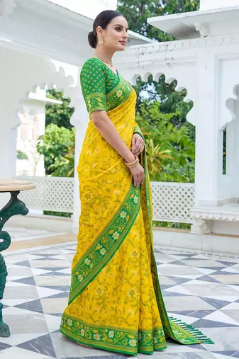 yellow & green pochampally soft saree for women | festive haldi party traditional wear