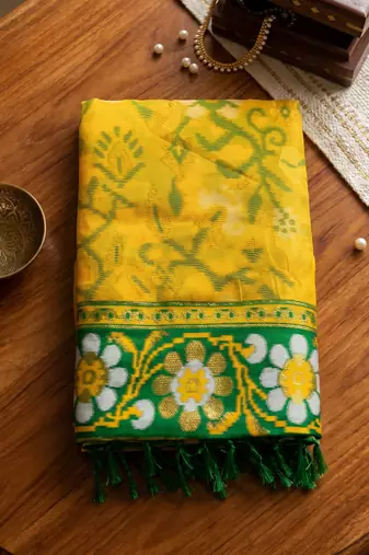 yellow & green pochampally soft saree for women | festive haldi party traditional wear