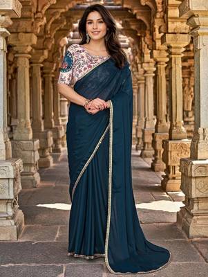 Blue embellished mirror work saree 1