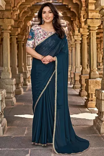 Blue embellished mirror work saree