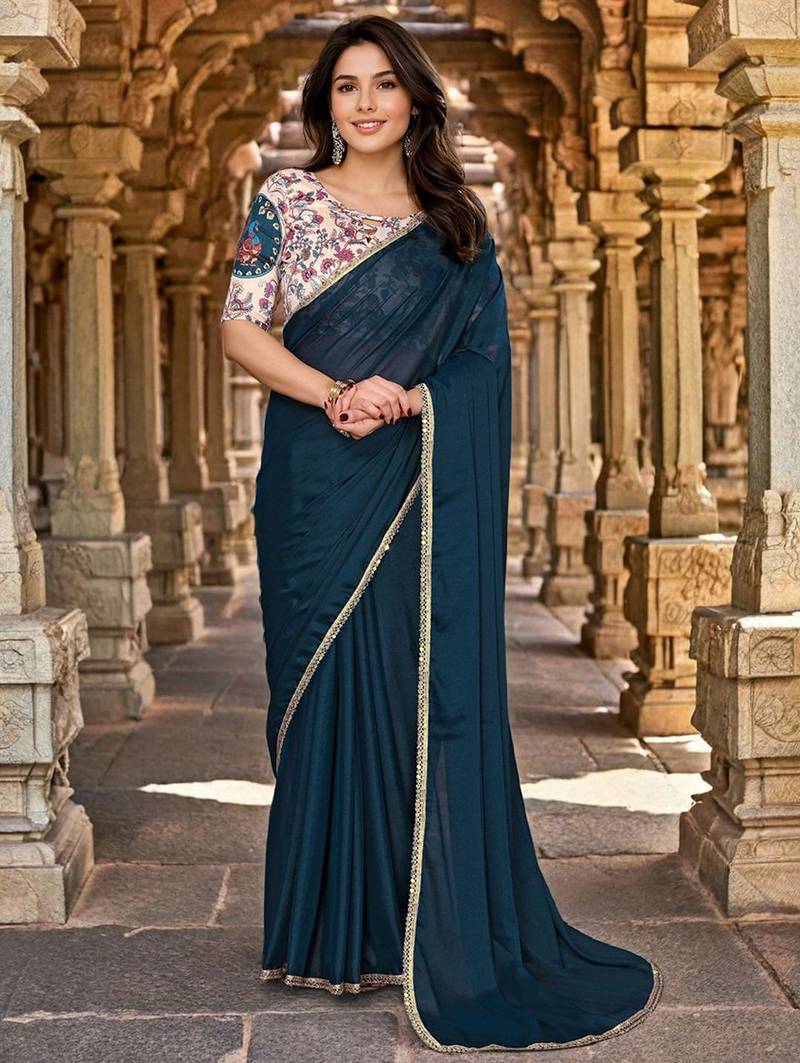 Blue embellished mirror work saree