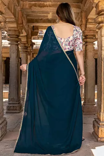 Blue embellished mirror work saree