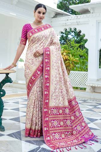 off white & rani pink pochampally soft saree for women | festive traditional party wear