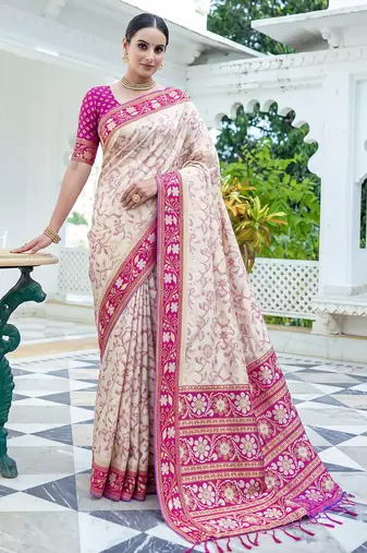 off white & rani pink pochampally soft saree for women | festive traditional party wear