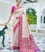 off white & rani pink pochampally soft saree for women | festive traditional party wear