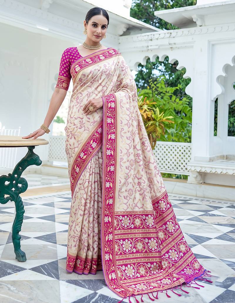 off white & rani pink pochampally soft saree for women | festive traditional party wear