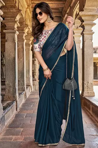 Blue embellished mirror work saree