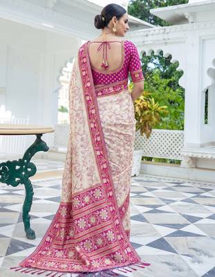 off white & rani pink pochampally soft saree for women | festive traditional party wear 2