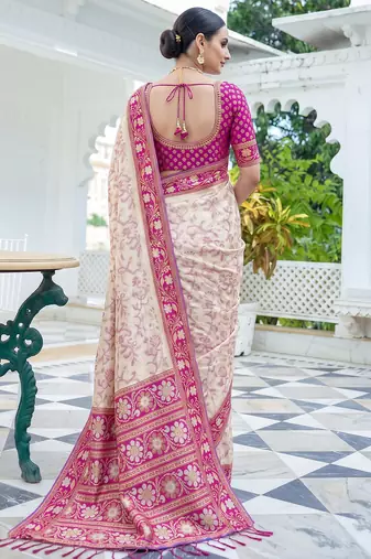 off white & rani pink pochampally soft saree for women | festive traditional party wear