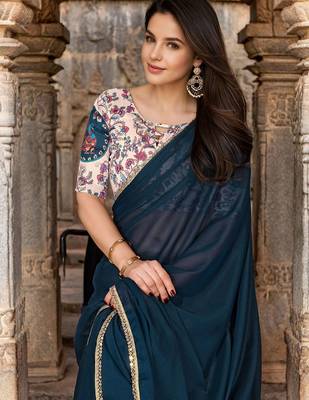 Blue embellished mirror work saree 4