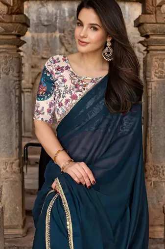 Blue embellished mirror work saree