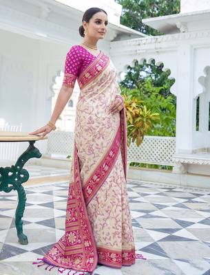 off white & rani pink pochampally soft saree for women | festive traditional party wear 3